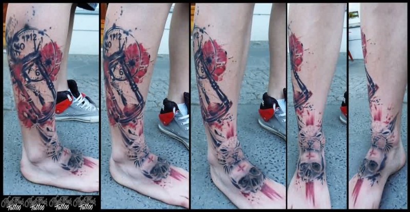 800x414 Watercolor Tattoo Of Clock, Hourglass, Poppies And Skull - Hourglass Watercolor Tattoo