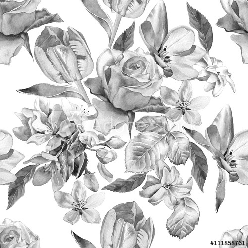 500x500 Monochrome Seamless Pattern With Spring Flowers. Rose. Tulip - Hyacinth Watercolor