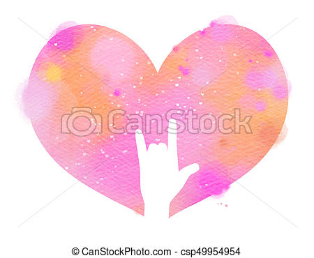 450x370 I Love You Hand Sign In Pink Watercolor Heart. Digital Art Painting. - I Love You Watercolor