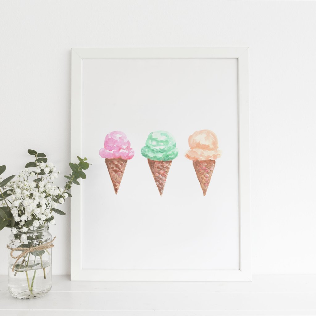 1024x1024 Watercolor Ice Cream Cone Trio Wall Art Digital Print Jetty Home - Ice Cream Watercolor