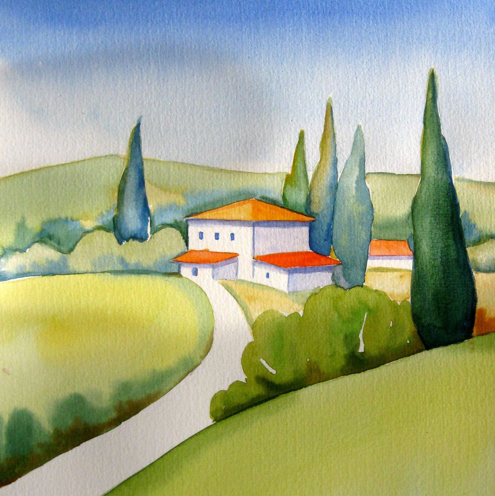 1595x1600 Tuscany Poppies Watercolor Italian Landscape Painting Signed Ebay - Images Of Landscape Watercolor Paintings