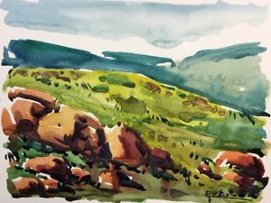 300x225 Impressionist Watercolor Landscape Painting, Hills, Rocks, Cuban - Impressionist Watercolor