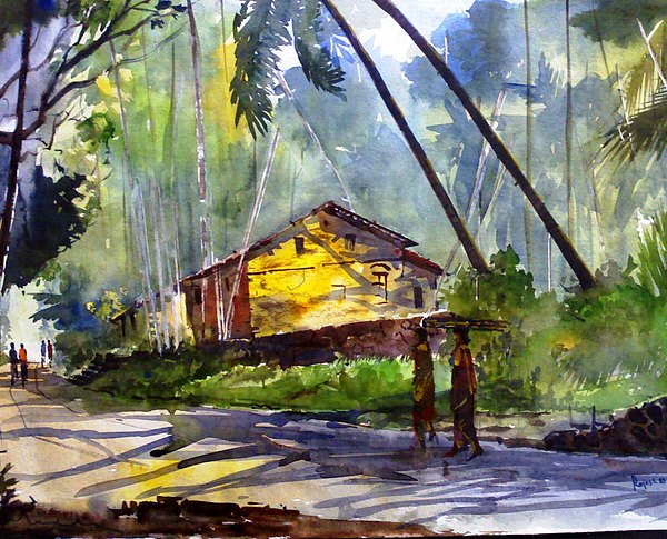 600x485 Indian Village Painting By Rajesh Desai - Indian Village Watercolor Paintings