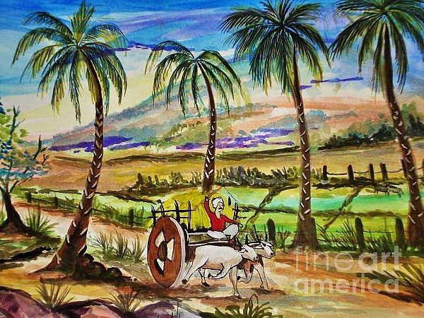 600x450 Indian Village Painting By Sanjana Hemanth - Indian Village Watercolor Paintings