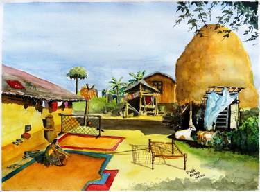 375x277 Indian Village Scene Painting By Vivek Anand Saatchi Art - Indian Village Watercolor Paintings