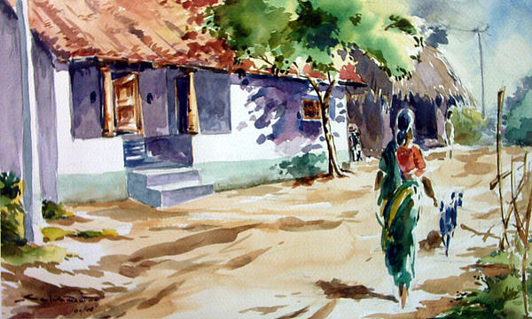 600x360 Indian Village Street Greeting Card For Sale By Seni - Indian Village Watercolor Paintings