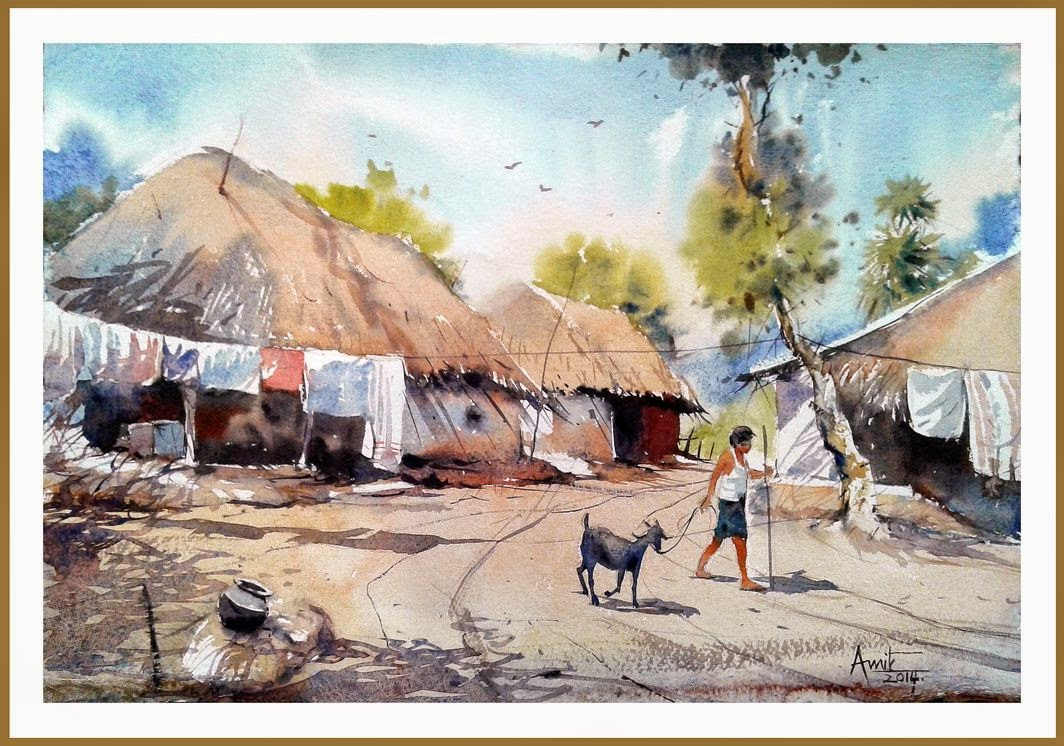 1064x746 Indian Village Watercolor Landscape Paintings Paintings By Amit - Indian Village Watercolor Paintings