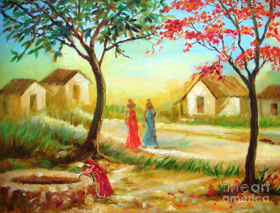 900x684 Life In An Indian Village Painting By Ritu Surana - Indian Village Watercolor Paintings