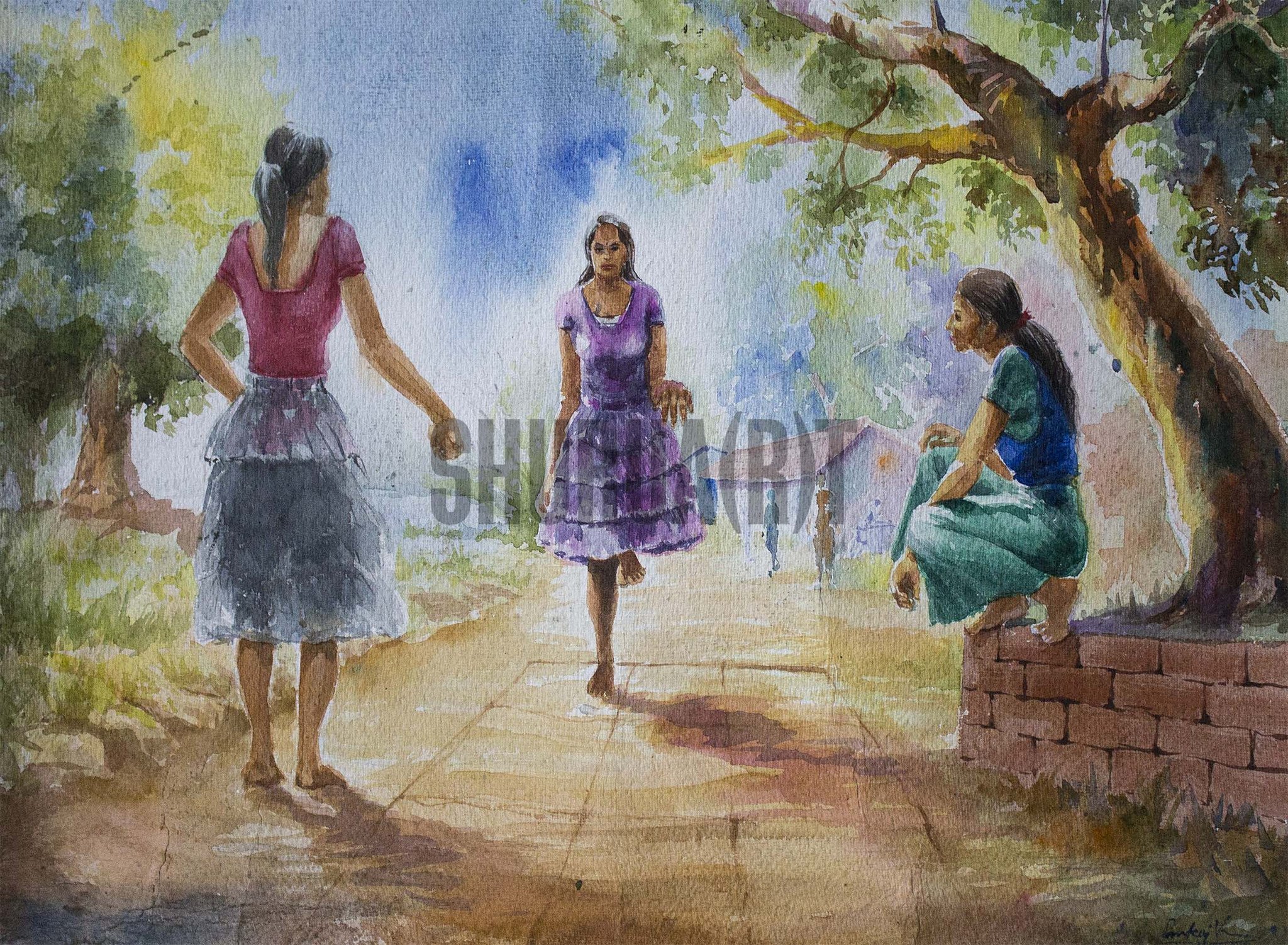 2048x1502 Painting Of Young Girls Playing In An Indian Village Shurua(R)t - Indian Village Watercolor Paintings