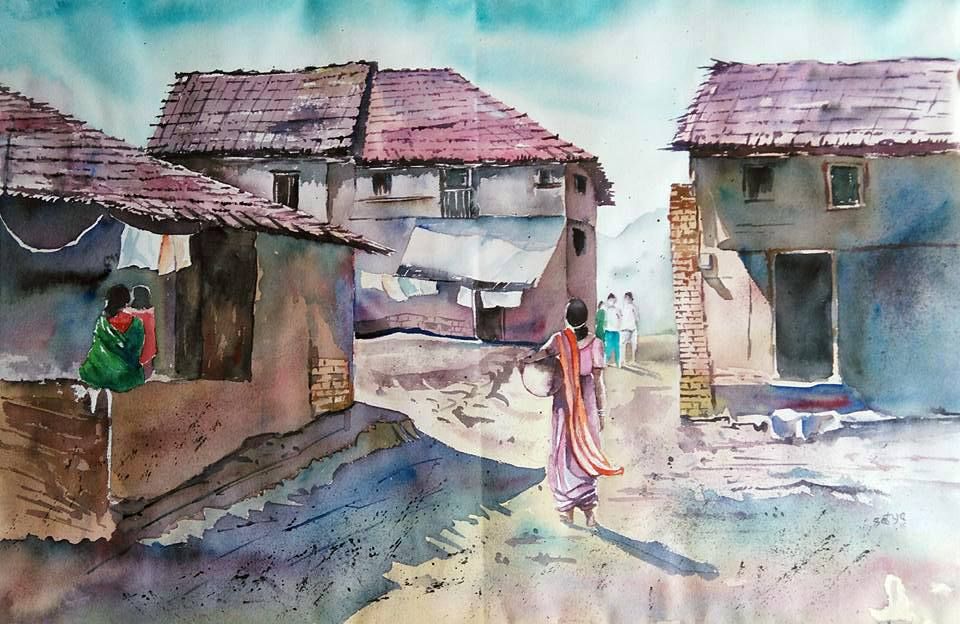 960x624 Satya Watercolor Painting, Indian Watercolor Landscape Painting - Indian Village Watercolor Paintings
