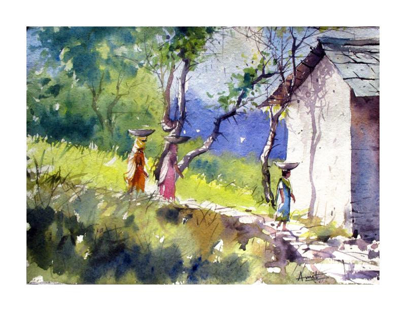800x613 Village Women By Artist Amit Kapoor Landscape Art Watercolor - Indian Village Watercolor Paintings