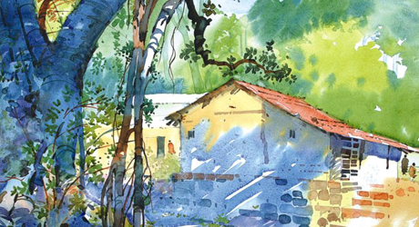 460x250 Watercolor Paintings Nature Indian Village Temple Pune Divine Art - Indian Village Watercolor Paintings