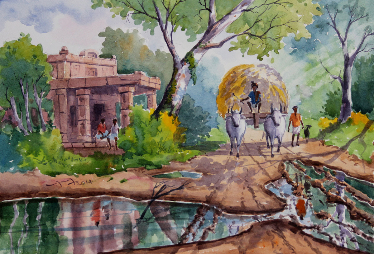 1200x816 Buy Balakrishnan S Paintings Online - Indian Village Watercolor Paintings