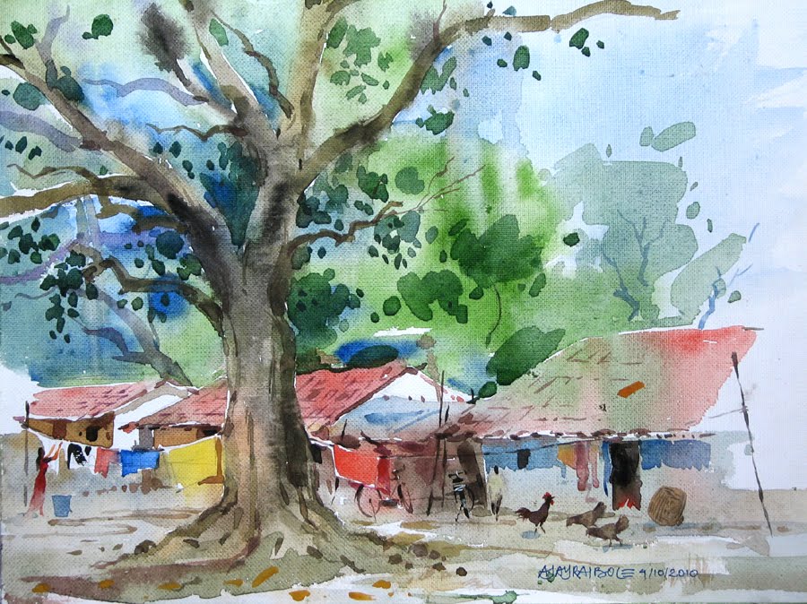900x674 Artists Of India Watercolor Landscape Ajay Raibole - Indian Watercolor Painting