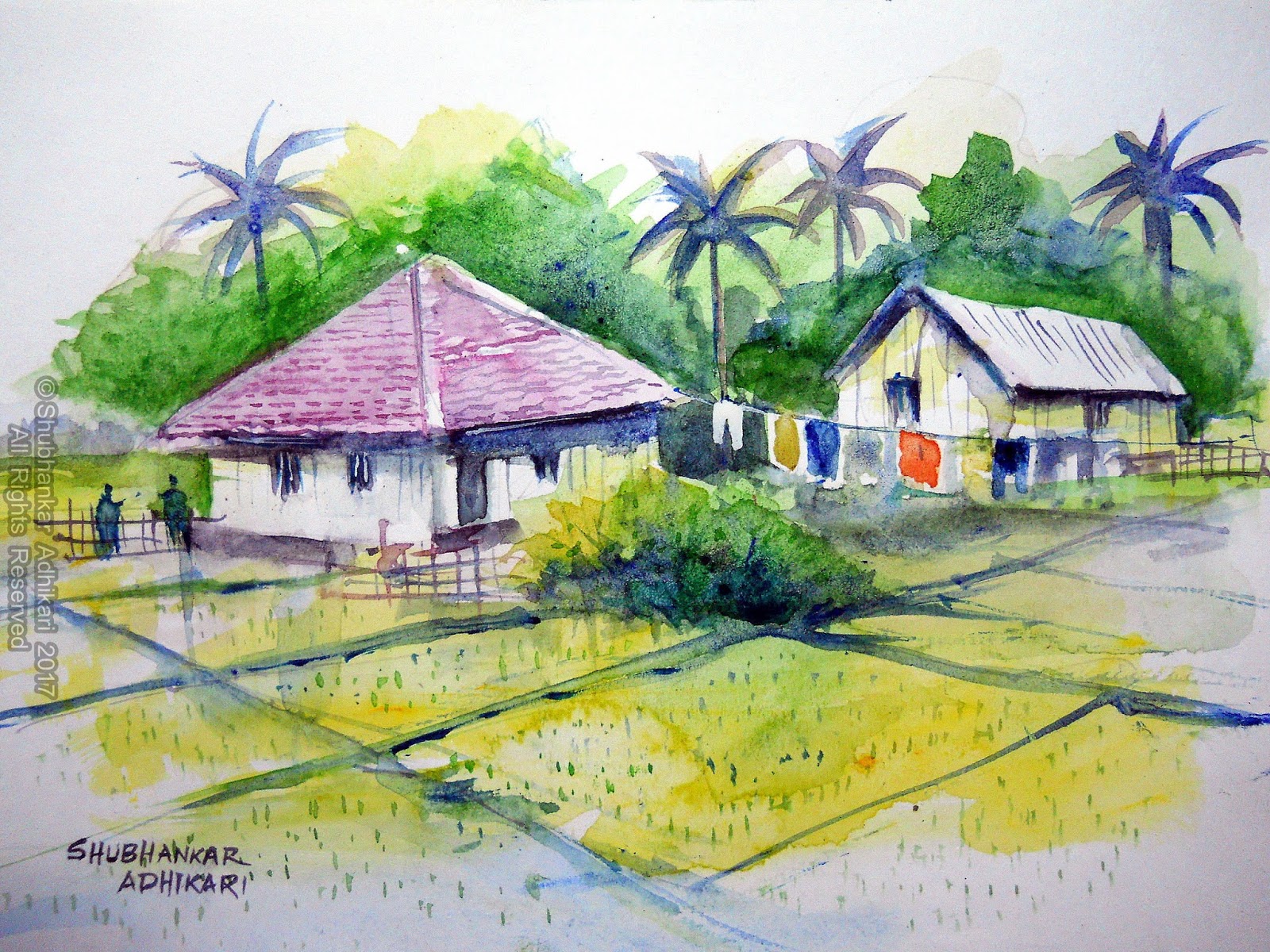 1600x1200 Artworks By Shubhankar Adhikari Beautiful Indian Village Scene Of - Indian Watercolor Painting