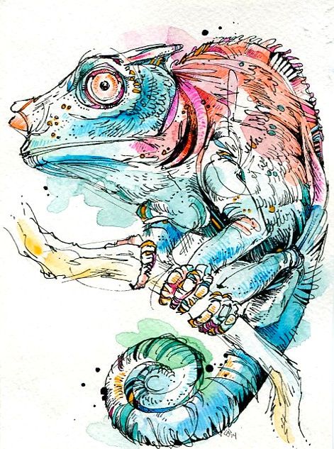 471x633 Chameleon. India Ink, Watercolor, And Tombow Markers. - Ink And Watercolor Illustration