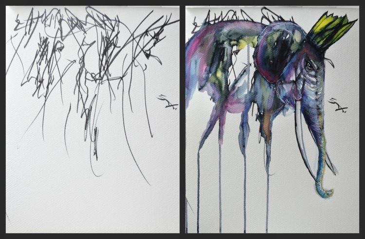 750x490 Elephant King By Ruth Oosterman (Watercolors Done Over Ink - Ink Over Watercolor