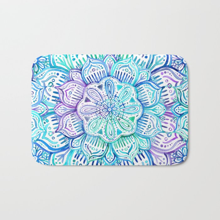 700x700 Iridescent Aqua And Purple Watercolor Mandala Bath Mat By Micklyn - Iridescent Watercolor