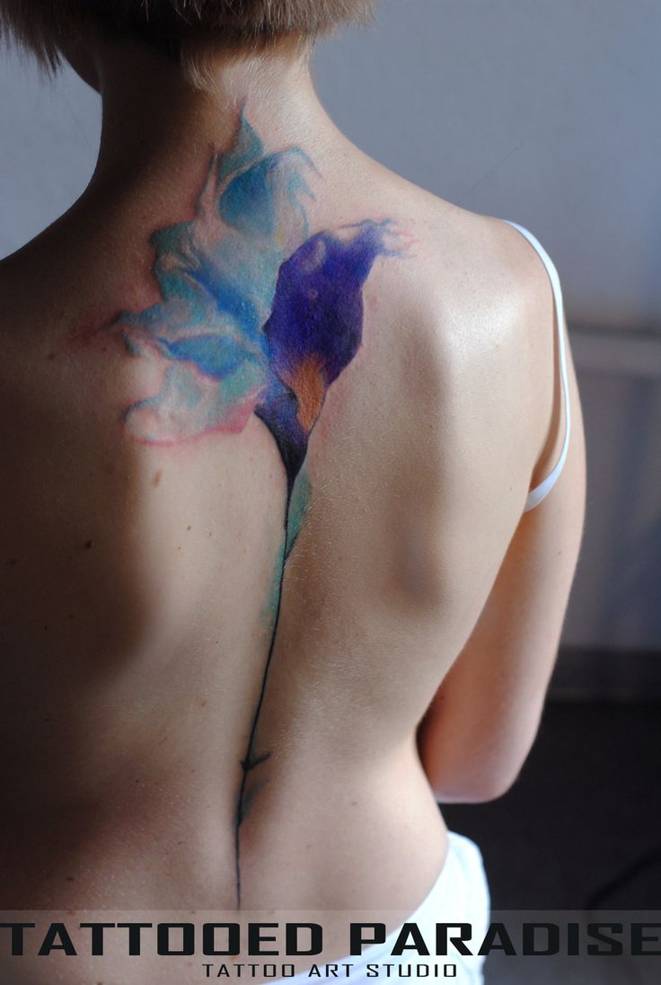 736x1096 Watercolor Iris Flower Tattoo On Girl Full Back - Iris Watercolor Tattoo