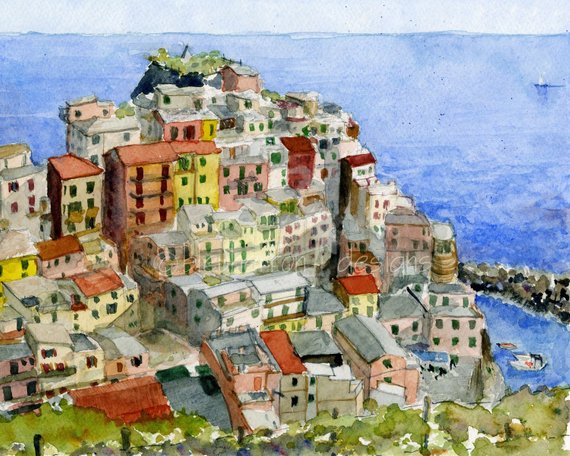 570x456 Italy Watercolor Painting Cinque Terre Manarola Art Print Etsy - Italy Watercolor