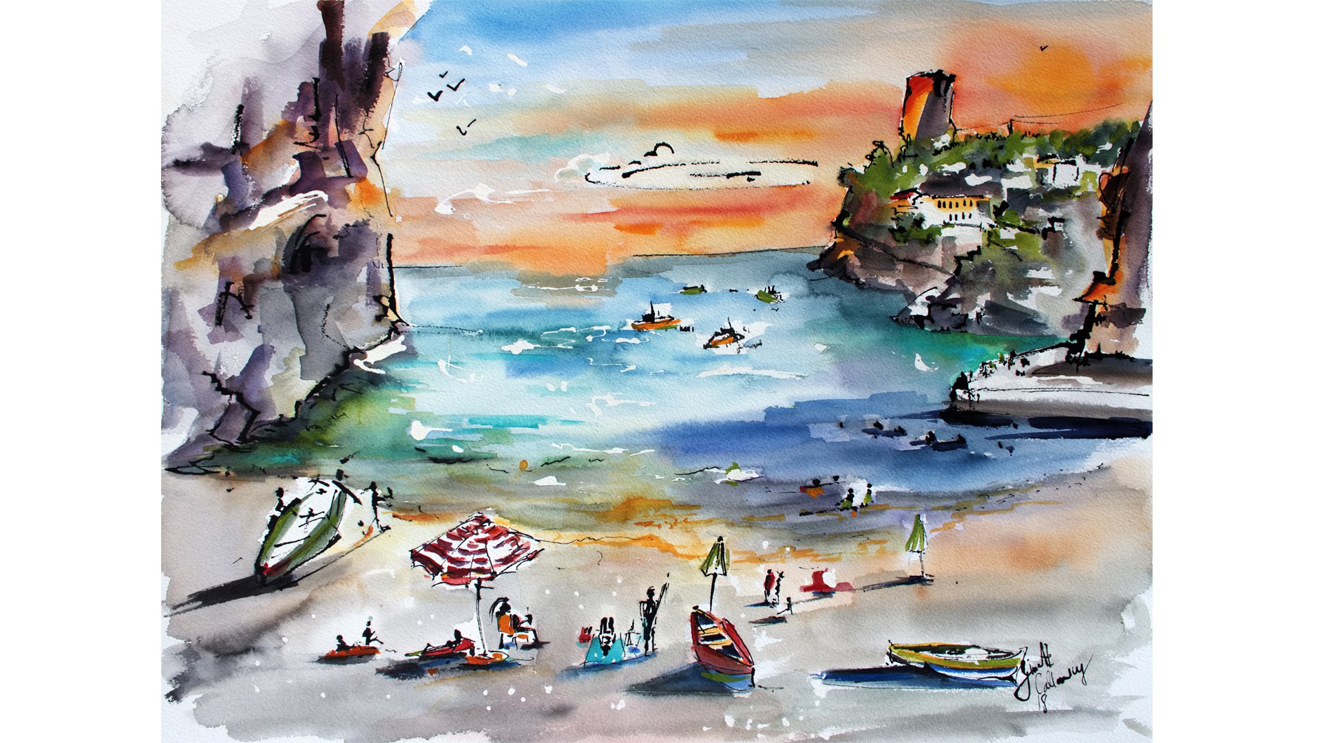 1920x1080 Amalfi Coast Italy Watercolors And Ink Painting By Ginette Fine Art - Italy Watercolor