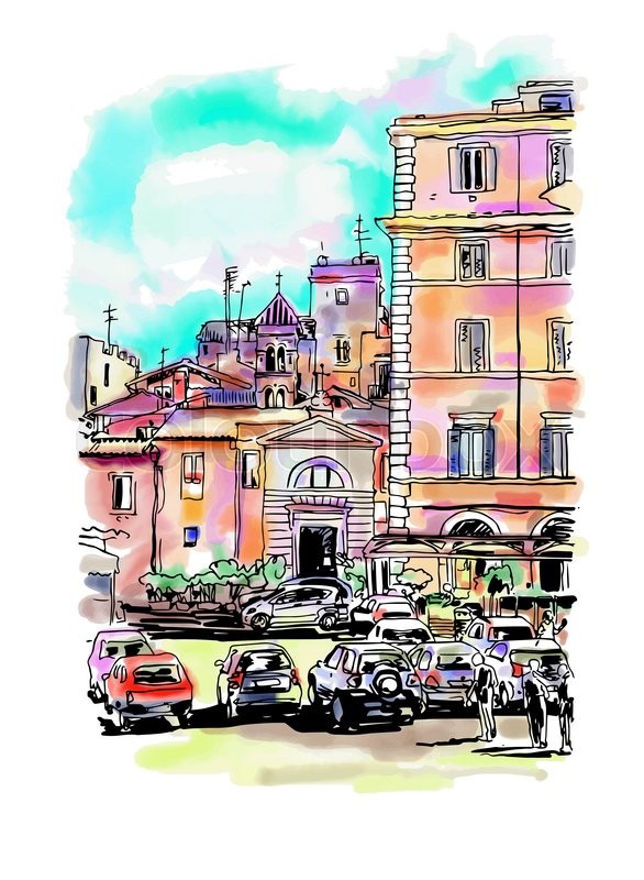 586x800 Original Freehand Watercolor Travel Card From Rome Italy, Old - Italy Watercolor