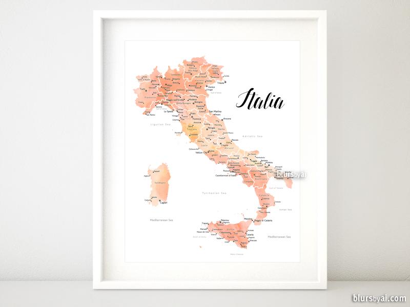 800x600 Printable Map Of Italy, With Cities, In Rose Gold Watercolor - Italy Watercolor
