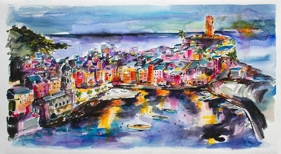 900x493 Vernazza Twilight Italy Cinque Terre Large Watercolor Painting - Italy Watercolor
