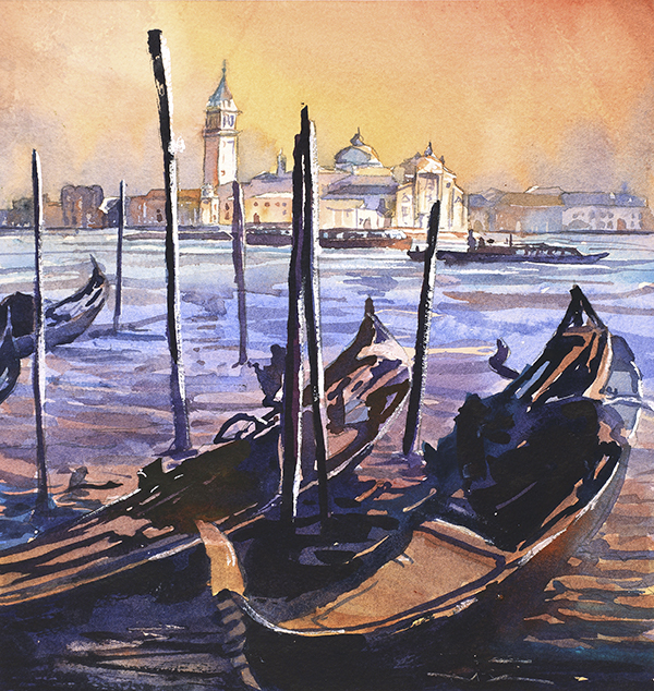 600x634 Venice, Italy Watercolor Painting With Church Amp Gondolas - Italy Watercolor Paintings