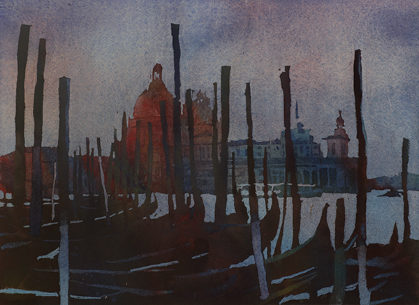 600x437 Watercolor Painting Gondola Boats In Venice, Italy - Italy Watercolor Paintings