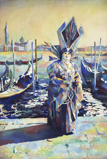 375x557 Watercolor Painting Of Masked Person During Carnival In Venice - Italy Watercolor Paintings