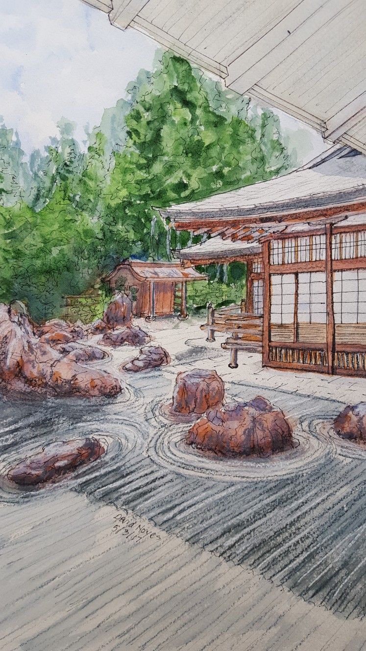 747x1328 Japanese Garden Watercolor, Ink, Colored Pencil Japanese Garden - Japanese Garden Watercolor