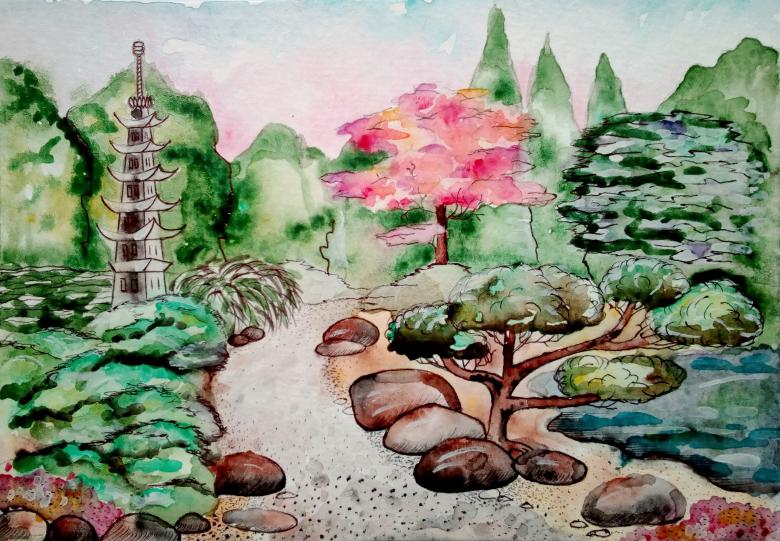 780x541 Japanese Garden Watercolor Painting - Japanese Garden Watercolor