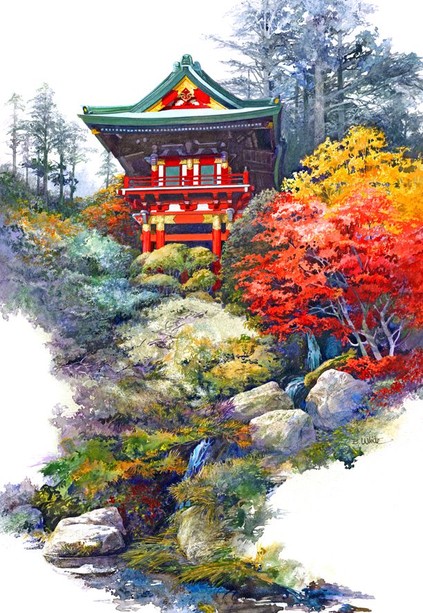 612x887 Pin By Hadley Adonis On Ink Gate, Temple And Watercolor - Japanese Garden Watercolor