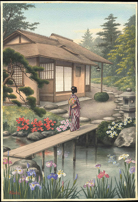 547x800 Saito, Hodo (A.c. 1930s) Bijin In A Japanese Garden - Japanese Garden Watercolor