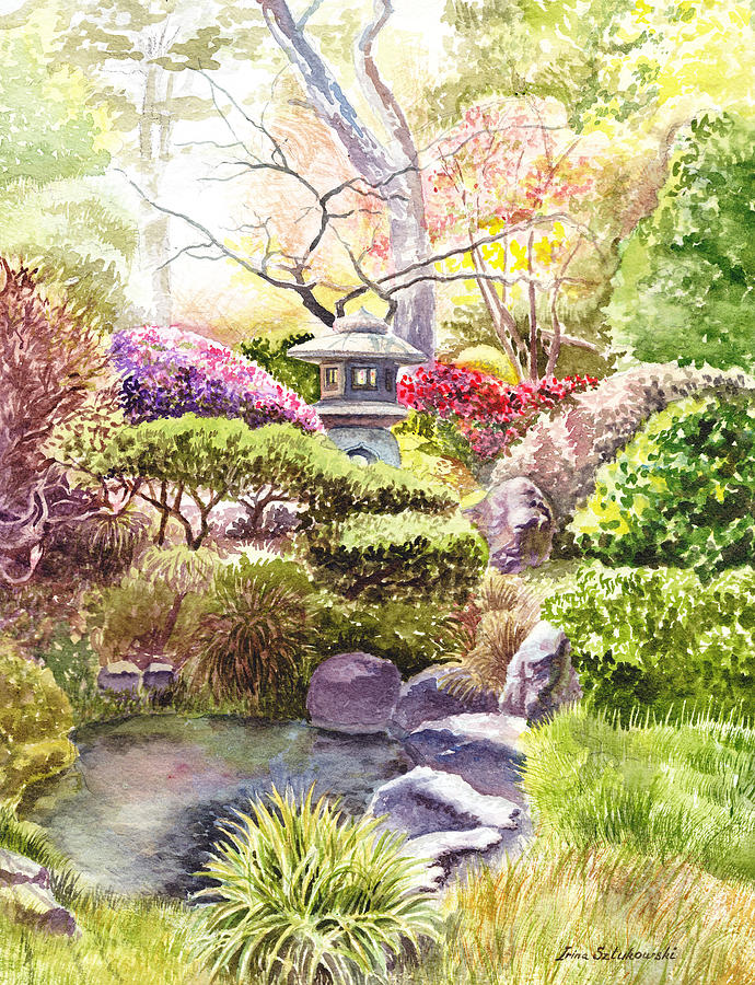 690x900 San Francisco Golden Gate Park Japanese Tea Garden Painting By - Japanese Garden Watercolor