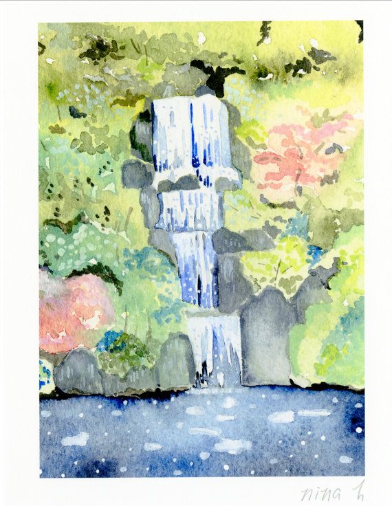 570x736 Zen Garden Waterfall Art Japanese Garden Waterall By Ninahuangart - Japanese Garden Watercolor