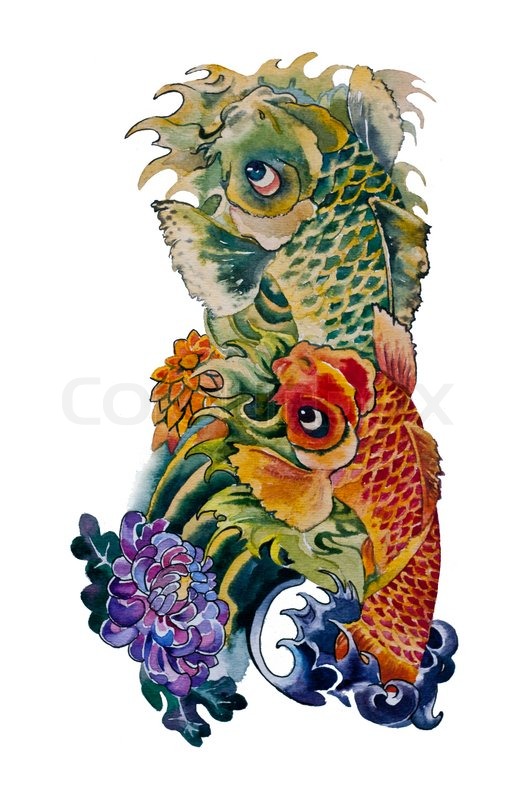 527x800 Koi Fish Japanese Tattoo Design Original Watercolor Stock Photo - Japanese Koi Watercolor