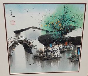300x260 Japanese Watercolor River Bridge Landscape Painting Signed Ebay - Japanese Watercolor