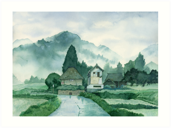 549x413 Japanese Village , After Rain , Art Watercolor Painting Print By - Japanese Watercolor