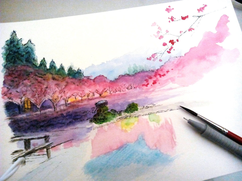 1024x768 Japanese Landscape Wip P.2 Ink And Watercolors By Musiriam On - Japanese Watercolor