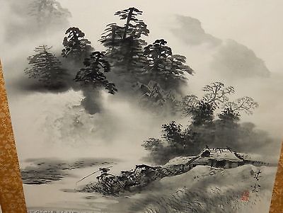 400x301 Large Japanese Watercolor Man Fishing River Landscape Painting - Japanese Watercolor
