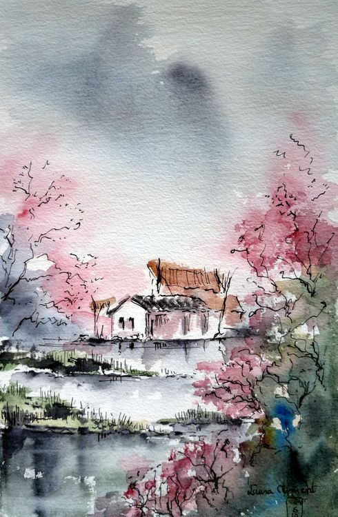 490x750 Beautiful Landscape, Mixed Media (Must Bear In Mind Possibilities - Japanese Watercolor