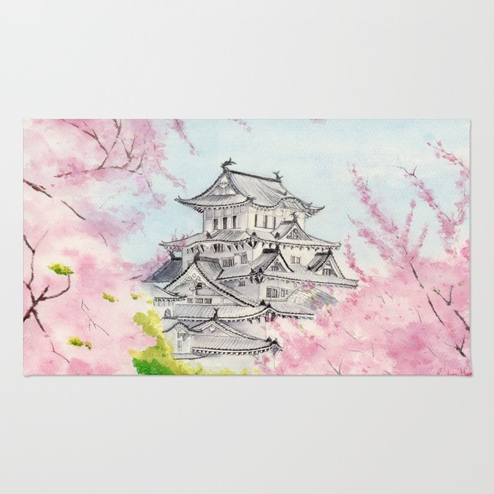 700x700 Himeji Castle , Art Watercolor Painting Print By Suisai Genki - Japanese Watercolor Cherry Blossoms