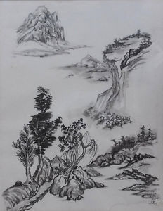 232x300 Vintage Japanese Watercolor Landscape Painting On Woven Paper - Japanese Watercolor Landscape