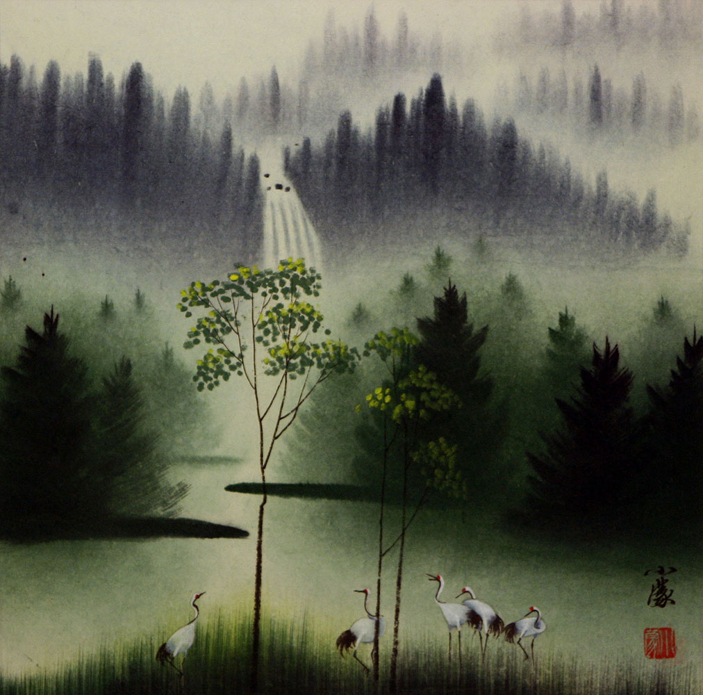 1012x1000 Waterfall Delight Watercolor Landscape Painting - Japanese Watercolor Landscape