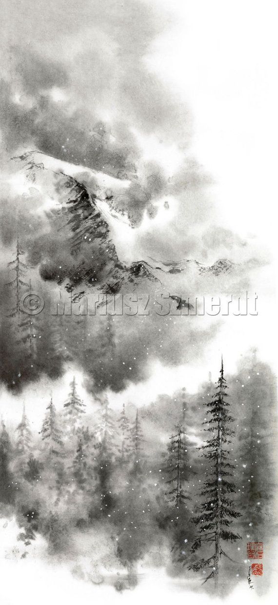 570x1241 Into The Mountains Original Japanese Handmade Watercolor Painting - Japanese Watercolor Mountains