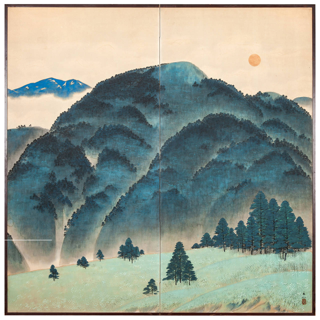 1280x1280 Japanese Screen Blue Mountain Landscape - Japanese Watercolor Mountains