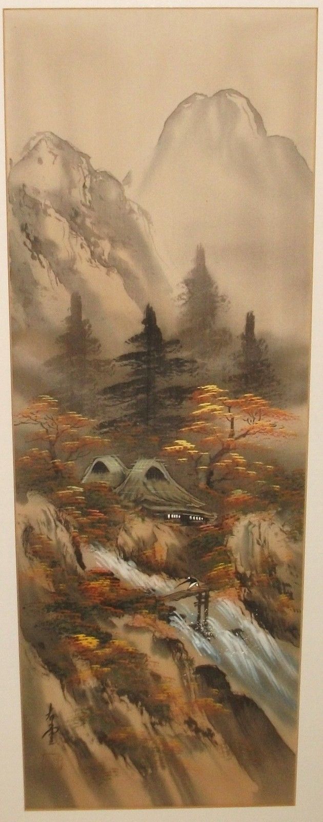 630x1600 Old Japanese River Mountain Waterfall Original Signed Watercolor - Japanese Watercolor Mountains