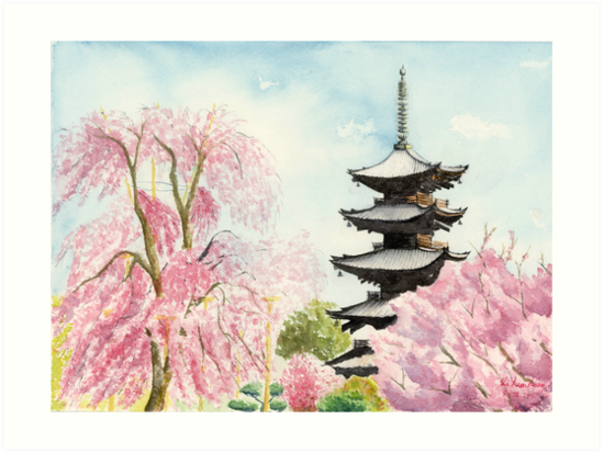549x413 Japanese Temple Art Watercolor Painting Print By Suisai Genki - Japanese Watercolor Prints